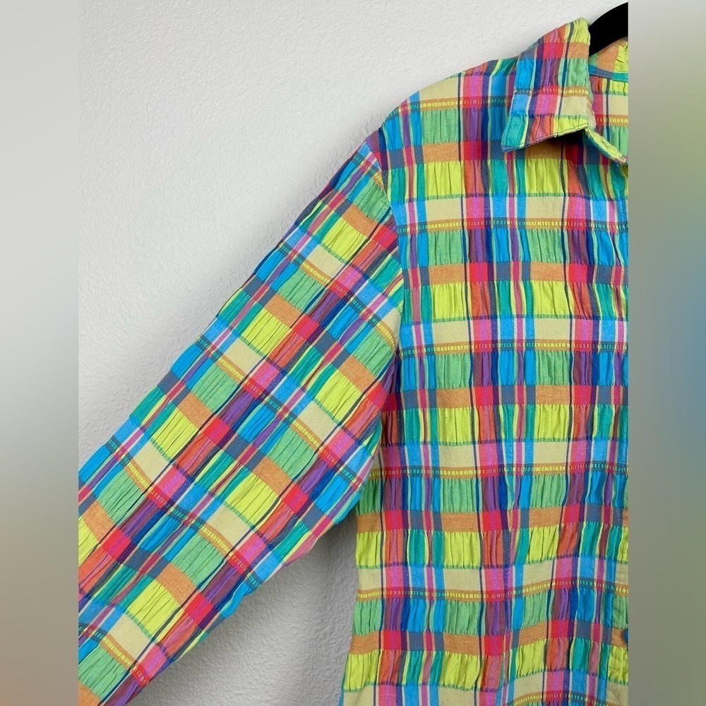 VTG Junior's Medium Roughrider by Circle K Rainbow Plaid Collared Shirt Smocked - Picture 7 of 16